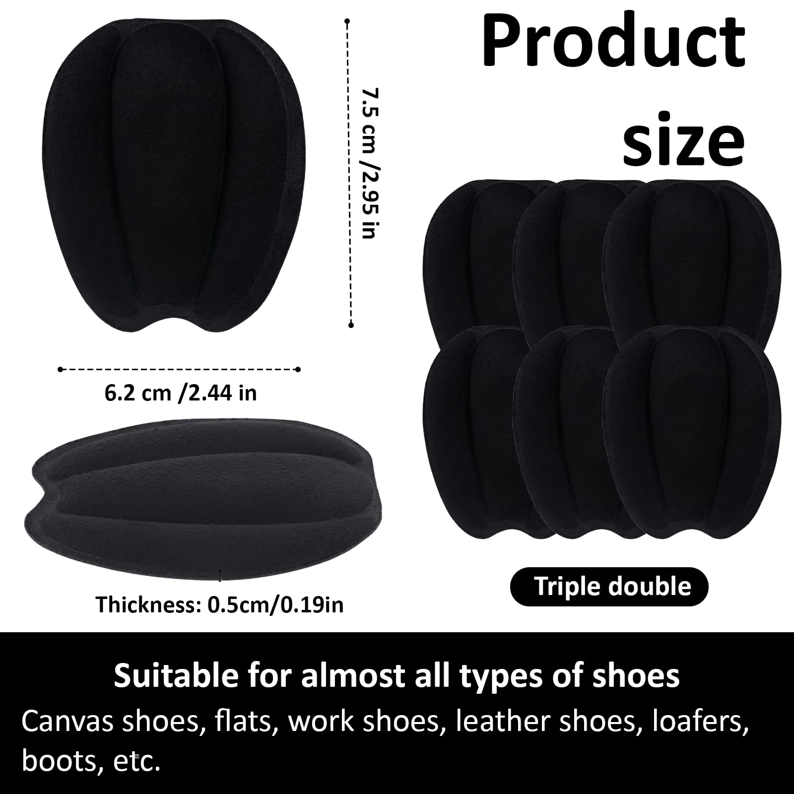 3 pairs of shoe fillers, tongue pad shoes, tab pad shoe tongue large, tongue pads for shoes that are too big, non-slip tongue cushion insert, invisible forefoot cushion mat