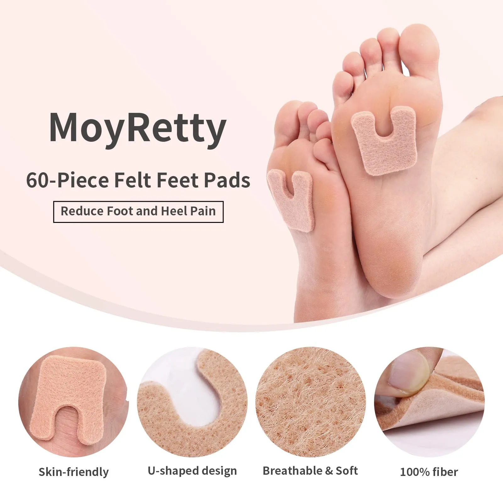 60pcs U-Shaped Felt Callus Pads, Metatarsal Pads Self-Stick Cushions Protect Calluses from Rubbing on Shoes, Reduce Foot and Heel Pain 60Pcs