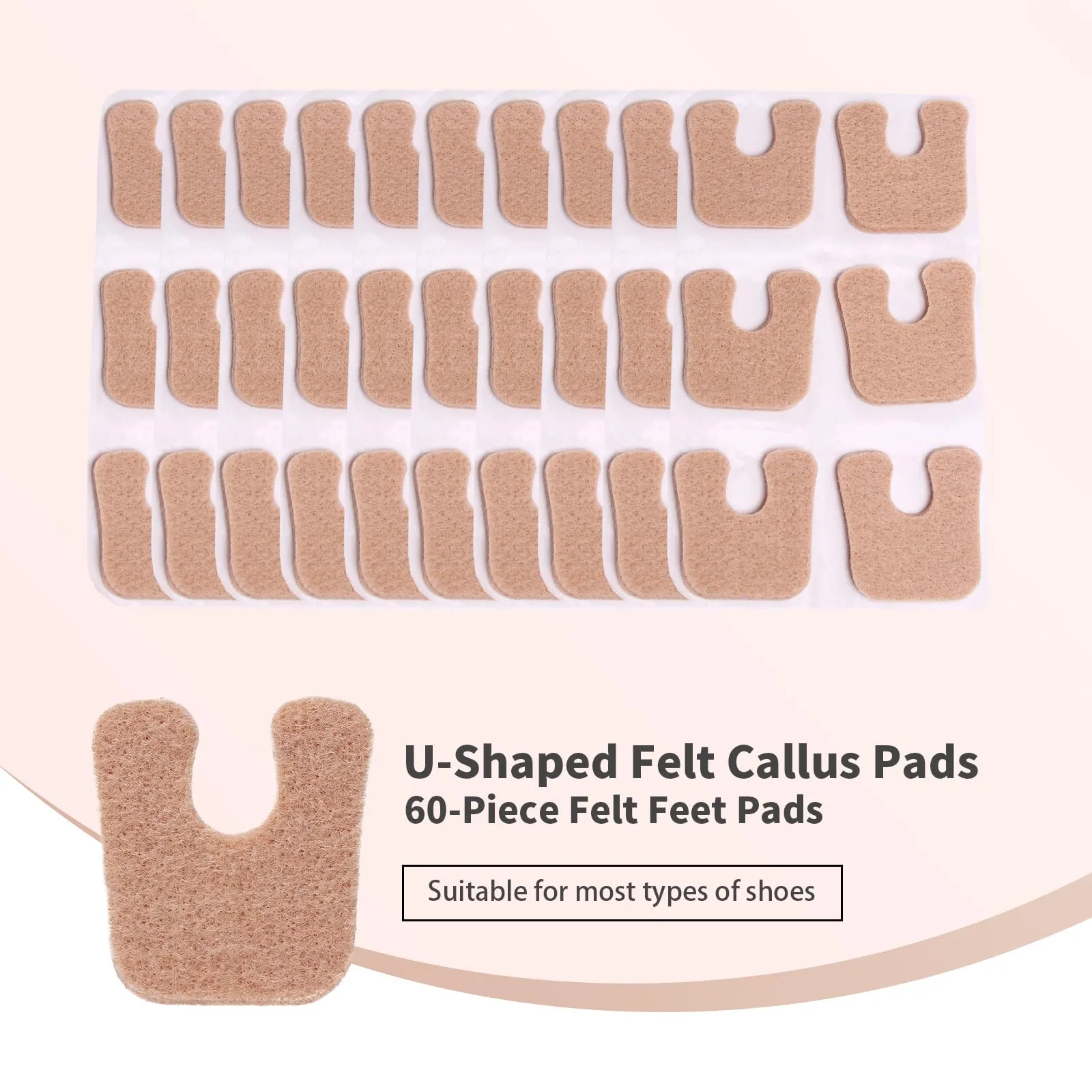 60pcs U-Shaped Felt Callus Pads, Metatarsal Pads Self-Stick Cushions Protect Calluses from Rubbing on Shoes, Reduce Foot and Heel Pain 60Pcs