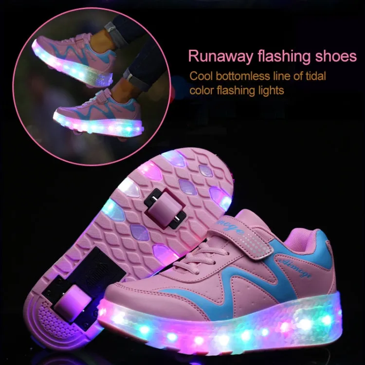 786 LED Light Ultra Light Rechargeable Double Wheel Roller Skating Shoes Sport Shoes, Size : 28(Pink)