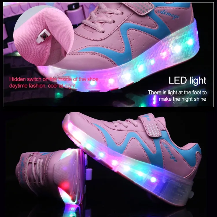 786 LED Light Ultra Light Rechargeable Double Wheel Roller Skating Shoes Sport Shoes, Size : 28(Pink)