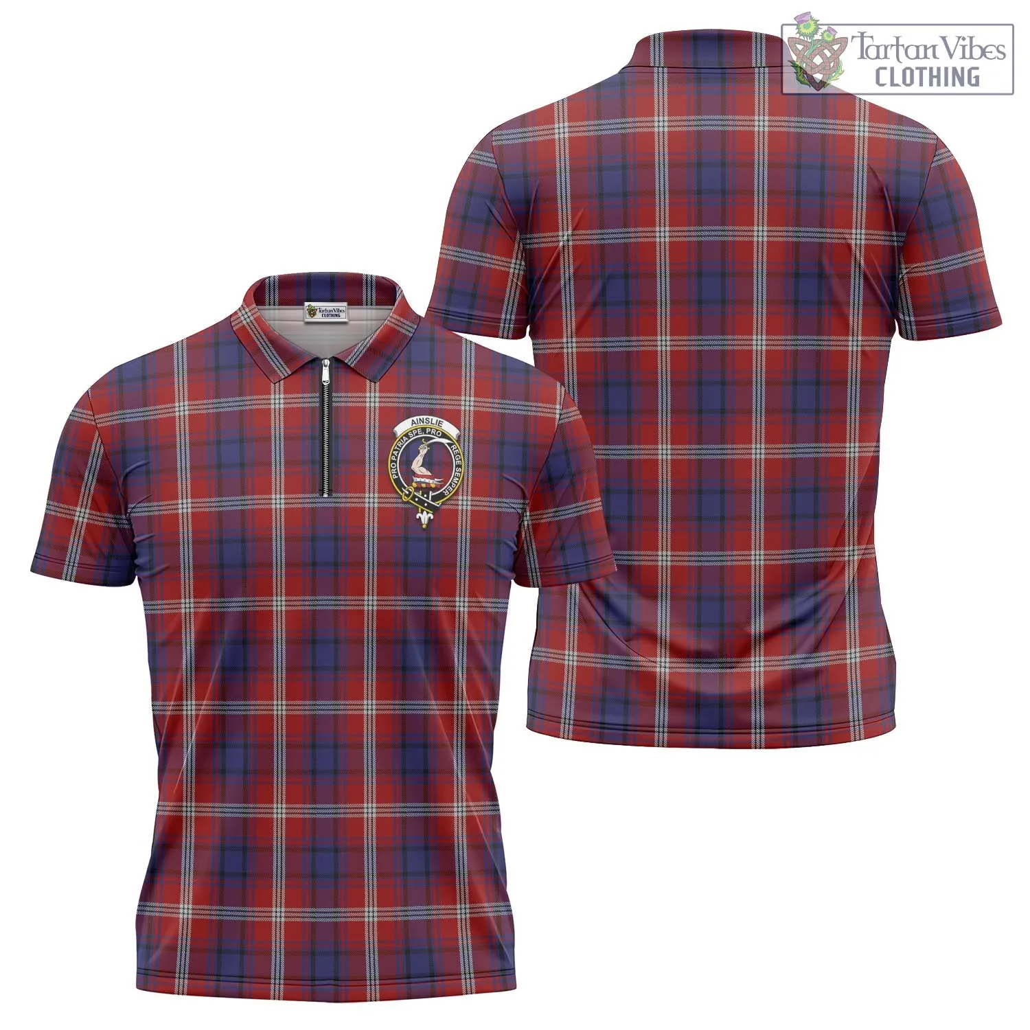 Ainslie Tartan Zipper Polo Shirt with Family Crest