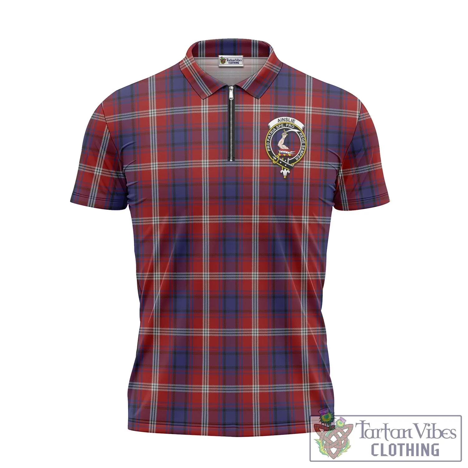 Ainslie Tartan Zipper Polo Shirt with Family Crest