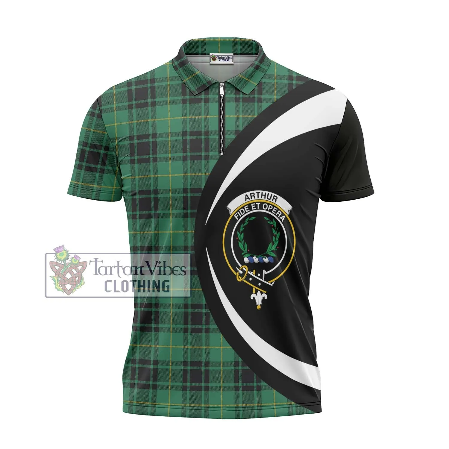 Arthur Ancient Tartan Zipper Polo Shirt with Family Crest Circle Style