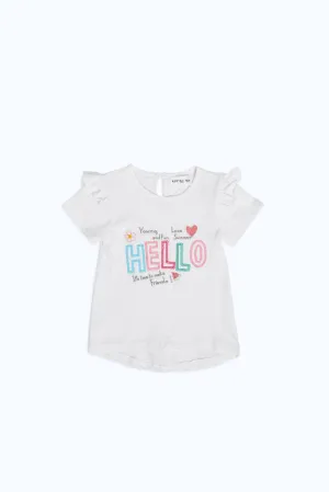 Baby Girls White Printed T-Shirt With Frills On Shoulder