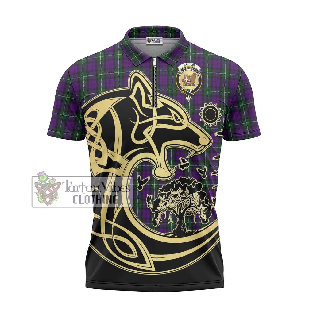 Baillie Highland Society Tartan Zipper Polo Shirt with Family Crest Celtic Wolf Style