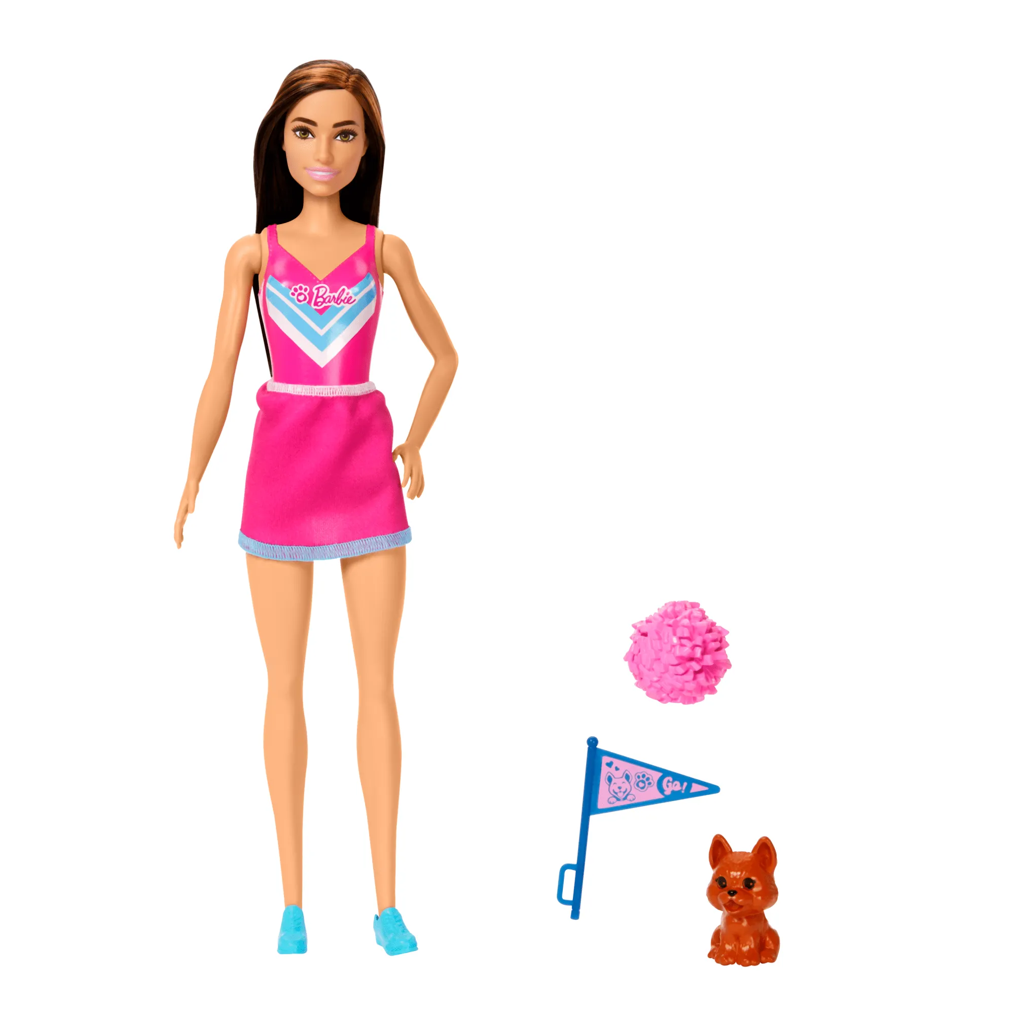 Barbie Cheerleader Fashion Doll in Cheerleader Uniform, Includes Pom Pom, Flag, And Puppy Mascot