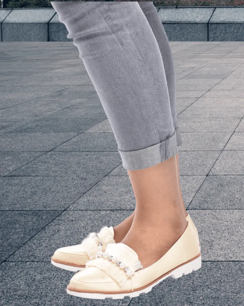 Beige Tassel And Pearl Slip On