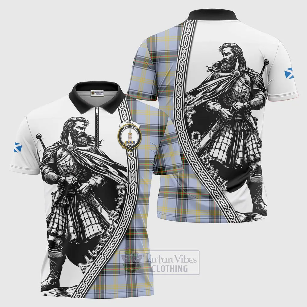 Bell Tartan Clan Crest Zipper Polo Shirt with Highlander Warrior Celtic Style