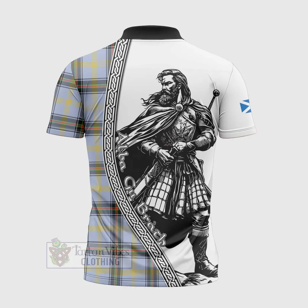 Bell Tartan Clan Crest Zipper Polo Shirt with Highlander Warrior Celtic Style