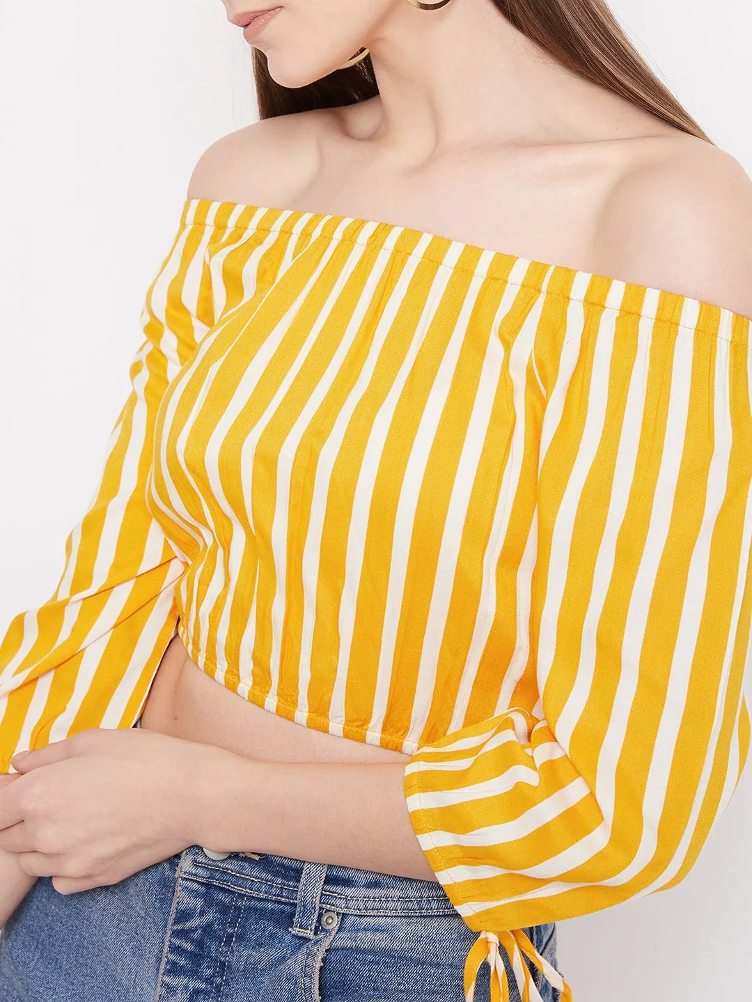 Berrylush Women Yellow & White Stripe Printed Off-Shoulder Neck Viscose Rayon Slip-On Bardot Crop Top