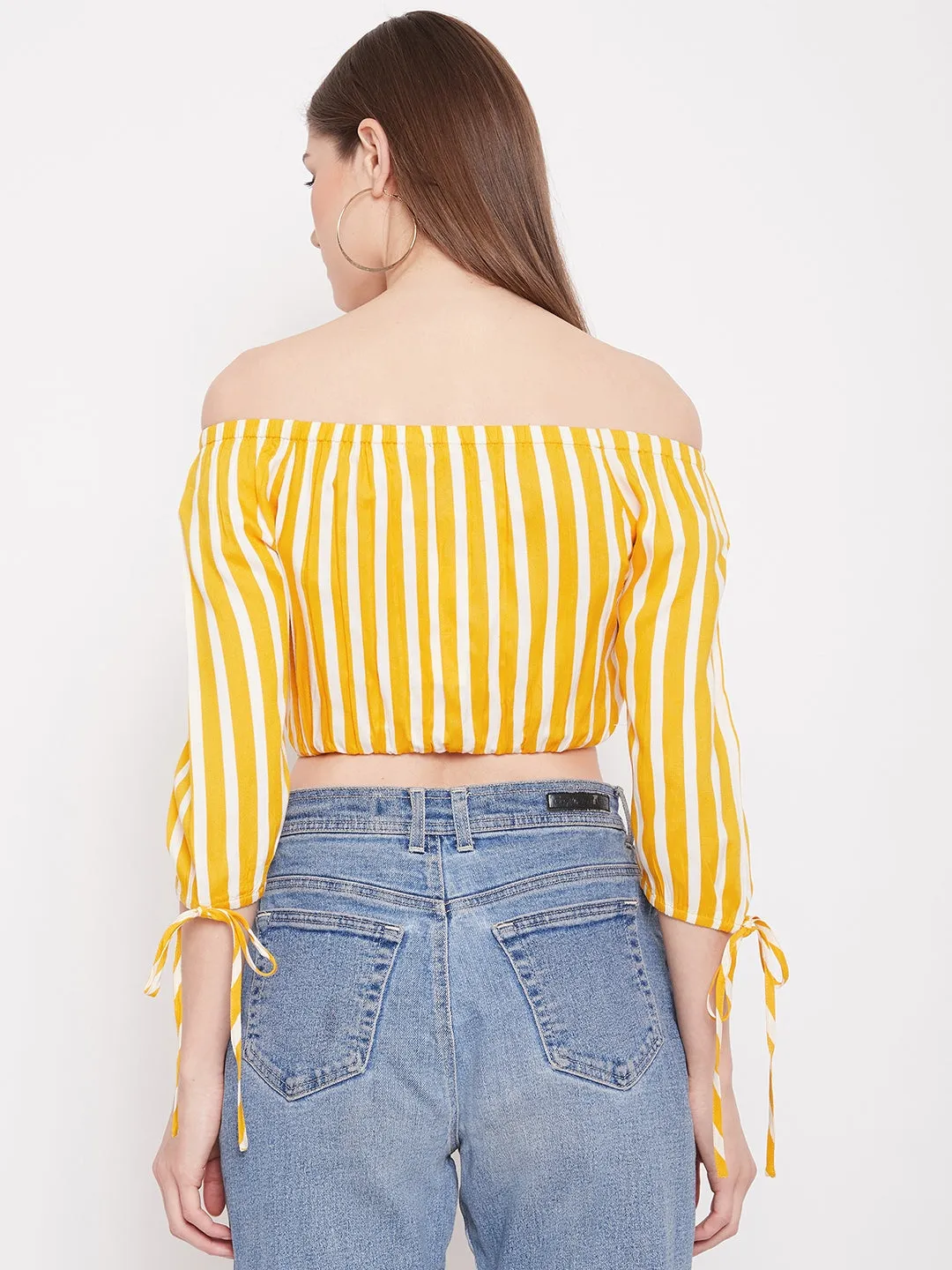 Berrylush Women Yellow & White Stripe Printed Off-Shoulder Neck Viscose Rayon Slip-On Bardot Crop Top