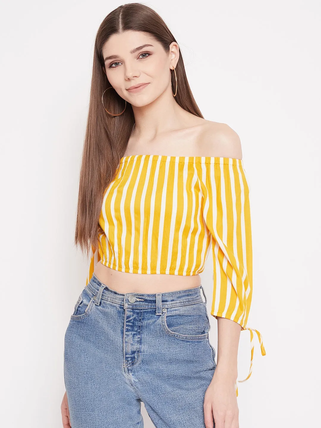 Berrylush Women Yellow & White Stripe Printed Off-Shoulder Neck Viscose Rayon Slip-On Bardot Crop Top