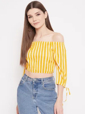 Berrylush Women Yellow & White Stripe Printed Off-Shoulder Neck Viscose Rayon Slip-On Bardot Crop Top