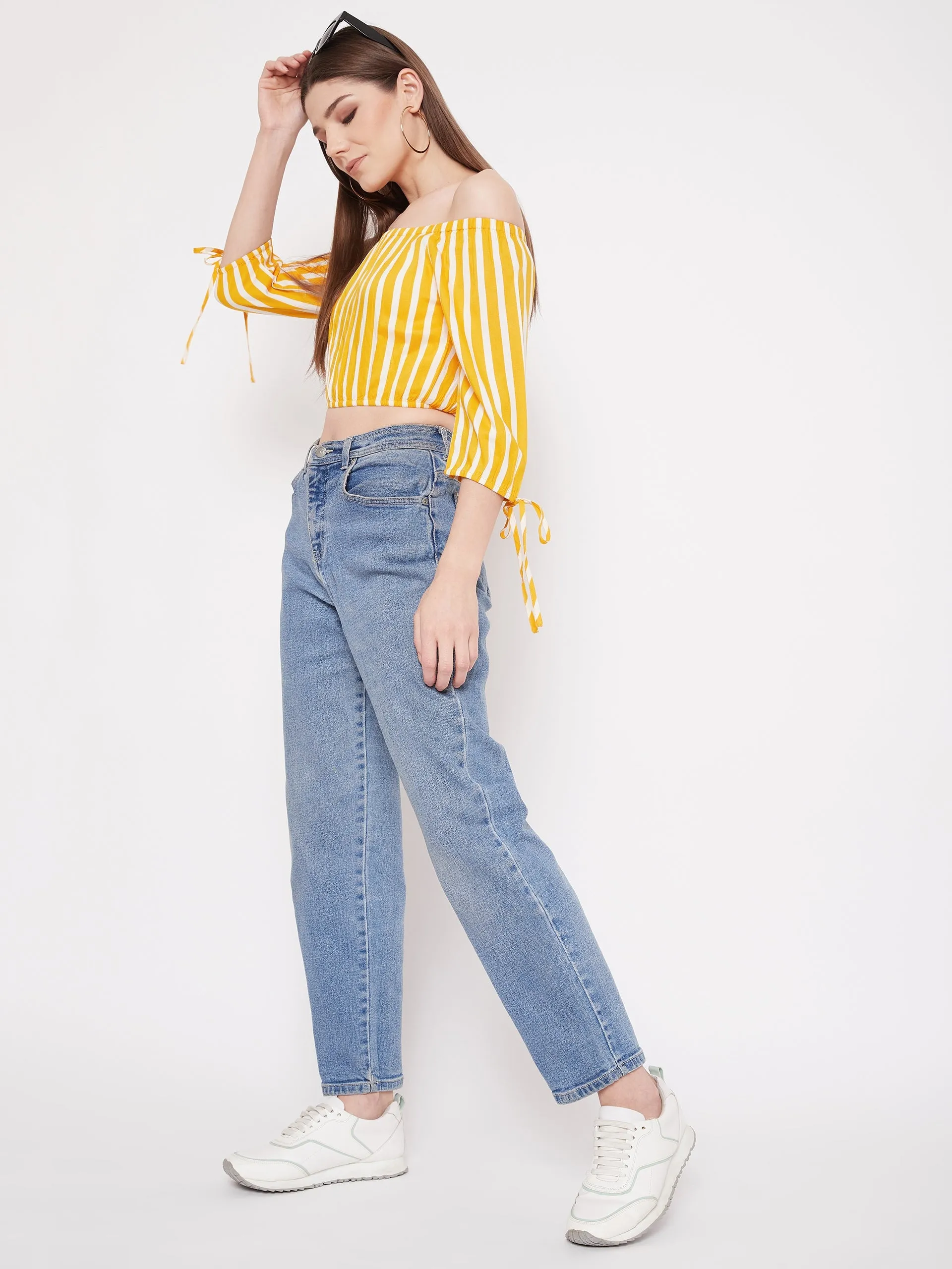 Berrylush Women Yellow & White Stripe Printed Off-Shoulder Neck Viscose Rayon Slip-On Bardot Crop Top