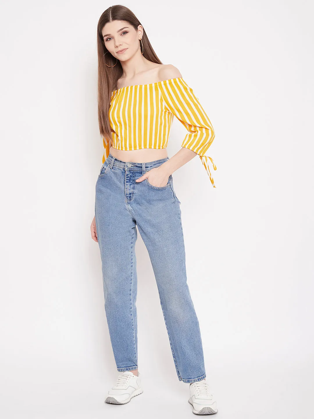 Berrylush Women Yellow & White Stripe Printed Off-Shoulder Neck Viscose Rayon Slip-On Bardot Crop Top