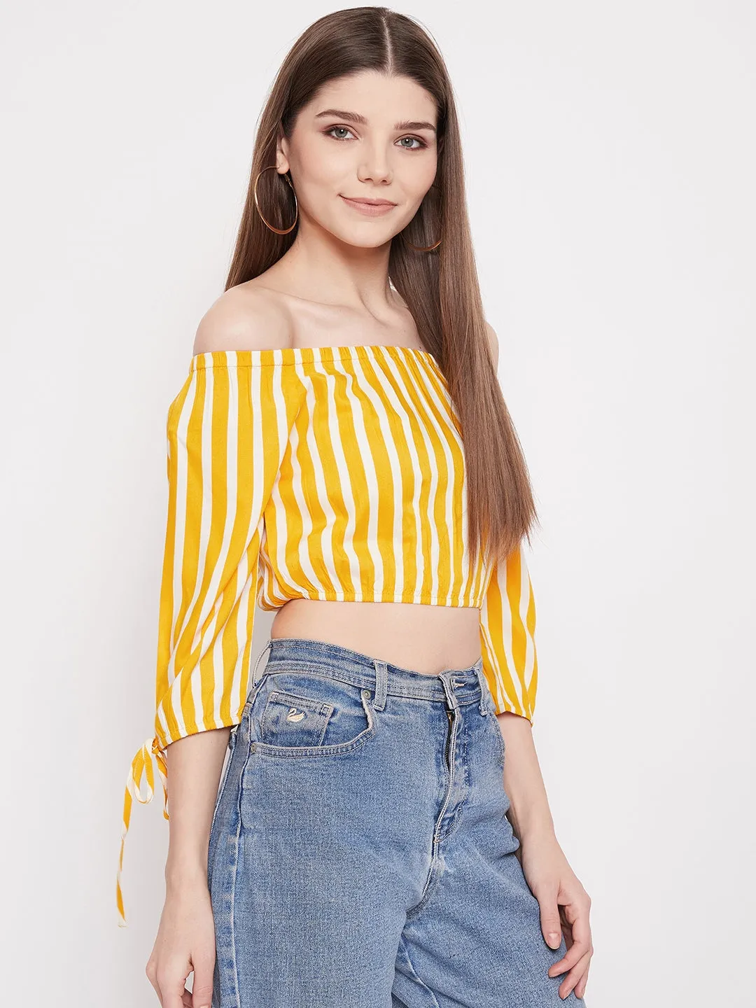 Berrylush Women Yellow & White Stripe Printed Off-Shoulder Neck Viscose Rayon Slip-On Bardot Crop Top