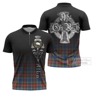 Bethune Tartan Zipper Polo Shirt Featuring Alba Gu Brath Family Crest Celtic Inspired