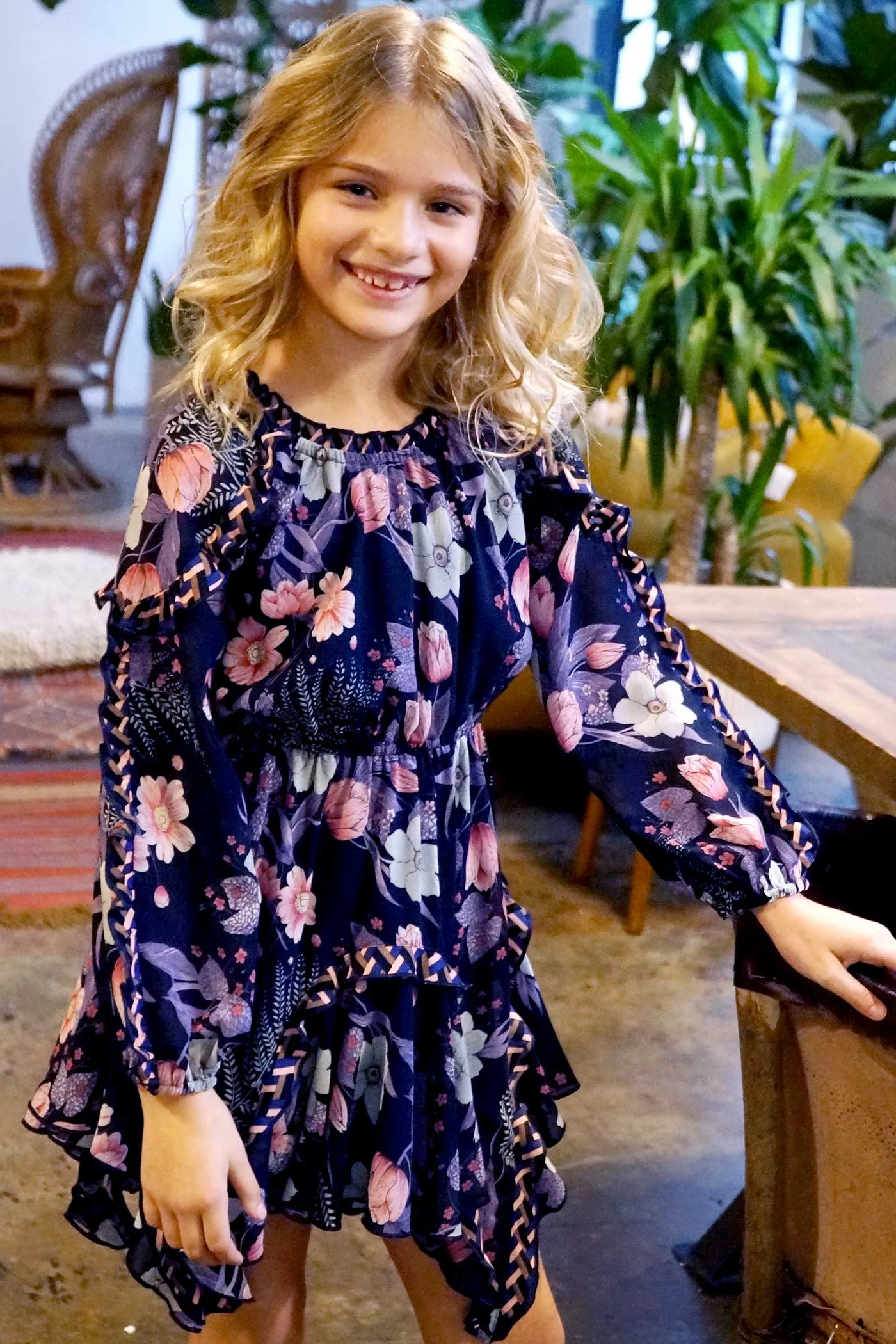 Big Girls Long Sleeve Hanky Floral Chiffon Dress