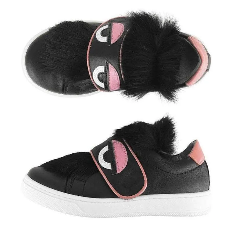 Black Leather/Fur Bag Bug Trainers