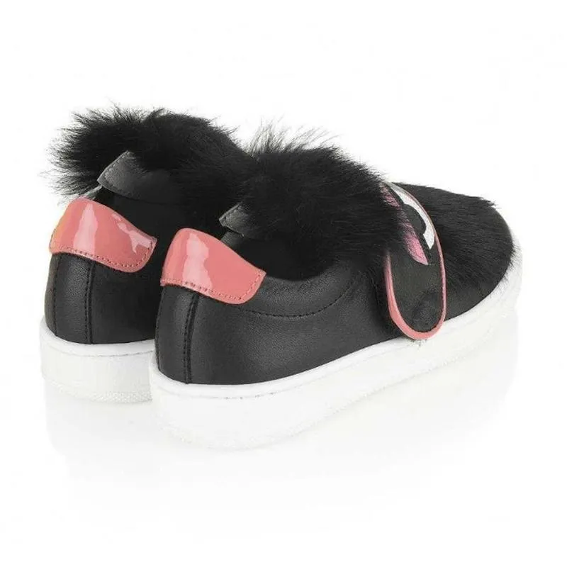 Black Leather/Fur Bag Bug Trainers