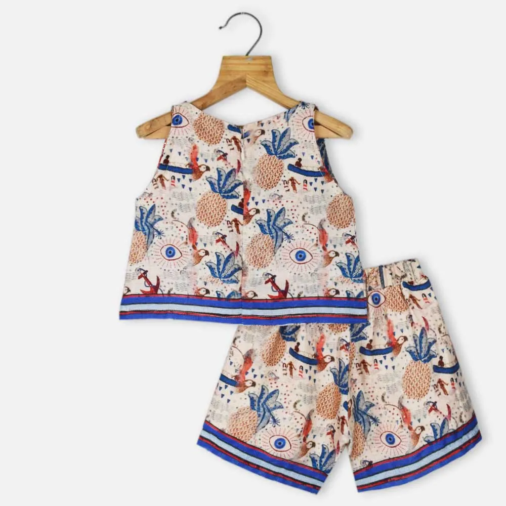 Blue Embellished Tropical Printed Top With Shorts Co-Ord Set