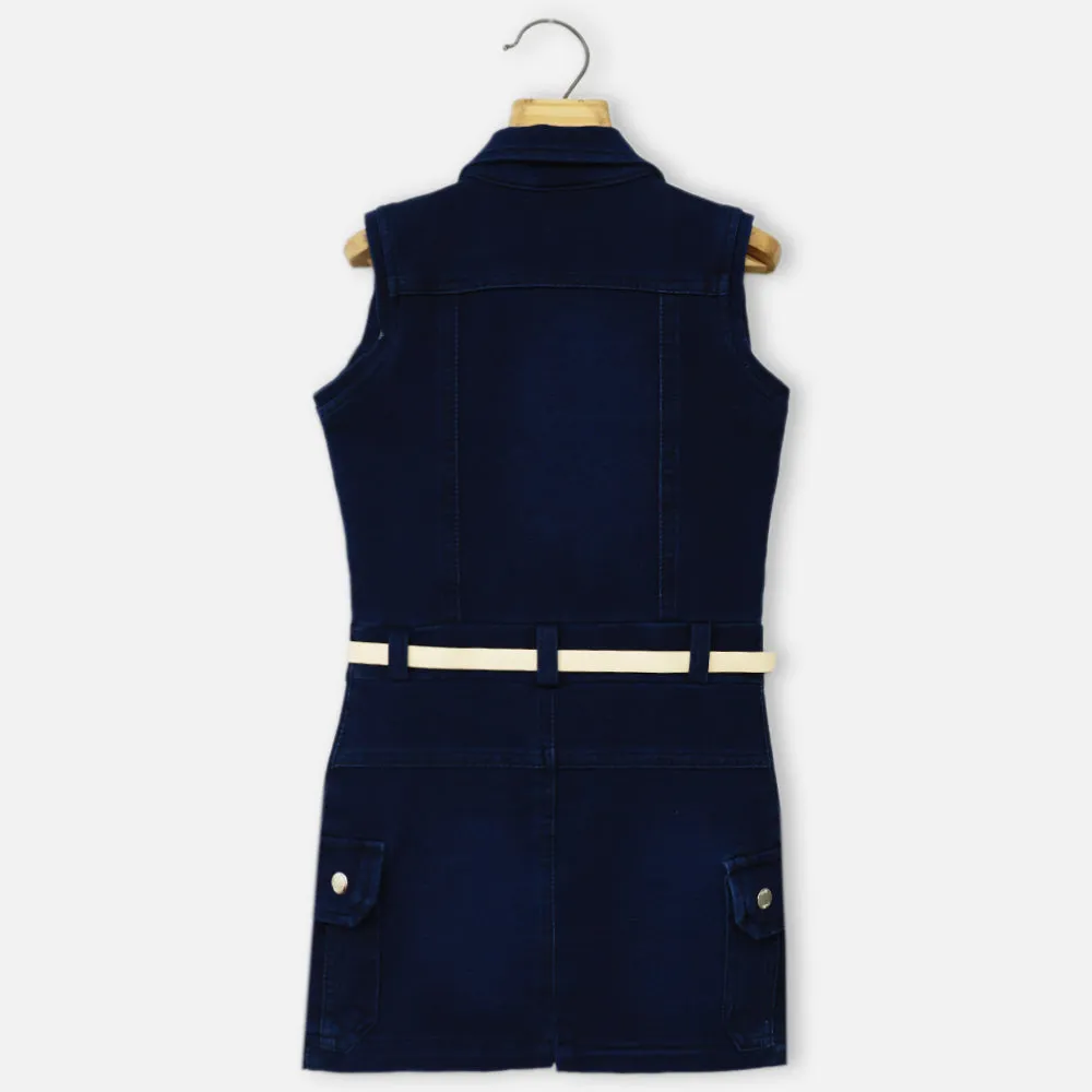 Blue Sleeveless Denim Dress With Belt