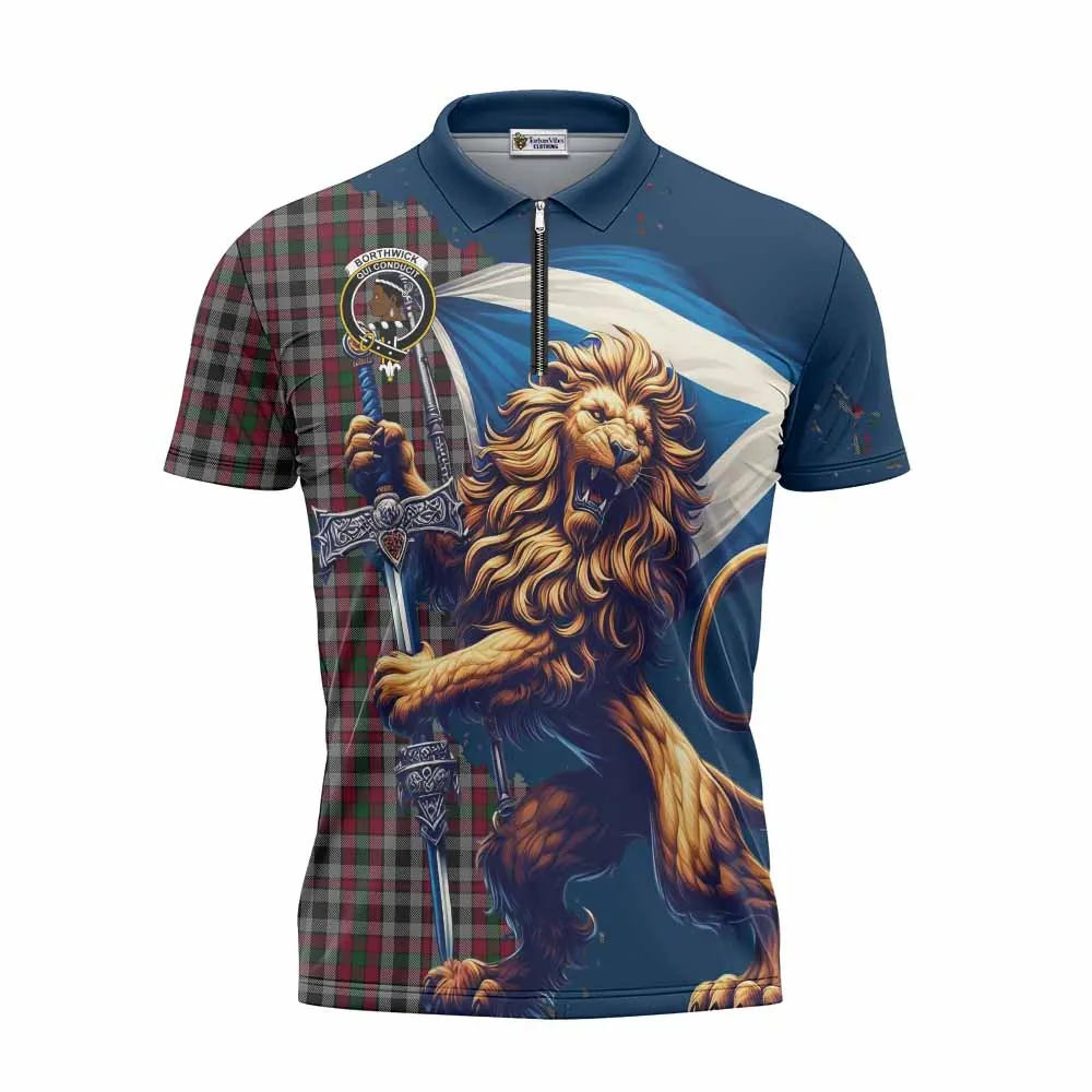 Borthwick Tartan Family Crest Zipper Polo Shirt with Scottish Majestic Lion