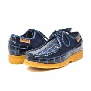 British Walkers Crown Croc Men's Navy Blue Crocodile Leather and Suede Lace Up Crepe Soles