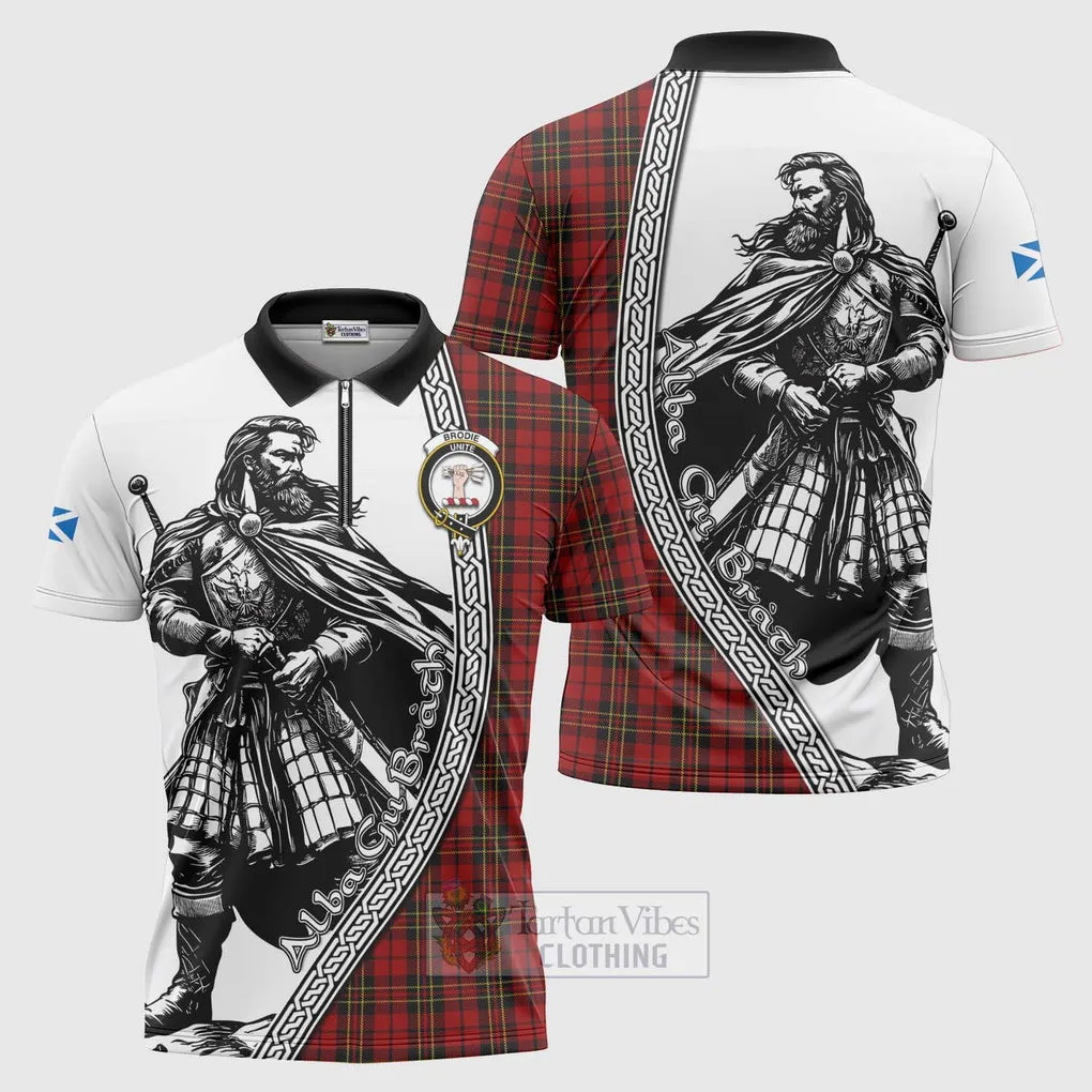 Brodie Tartan Clan Crest Zipper Polo Shirt with Highlander Warrior Celtic Style