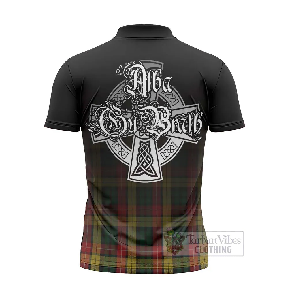 Buchanan Tartan Zipper Polo Shirt Featuring Alba Gu Brath Family Crest Celtic Inspired