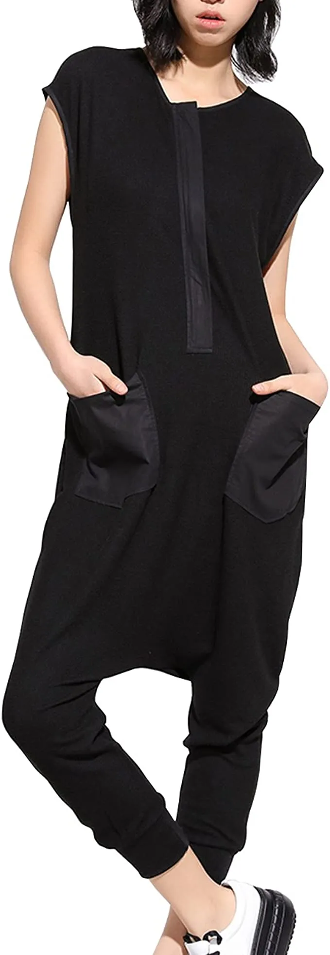 ellazhu Women Black Harem Pants Rompers Sleeveless Drop Crotch Harem Jumpsuits Summer GY867