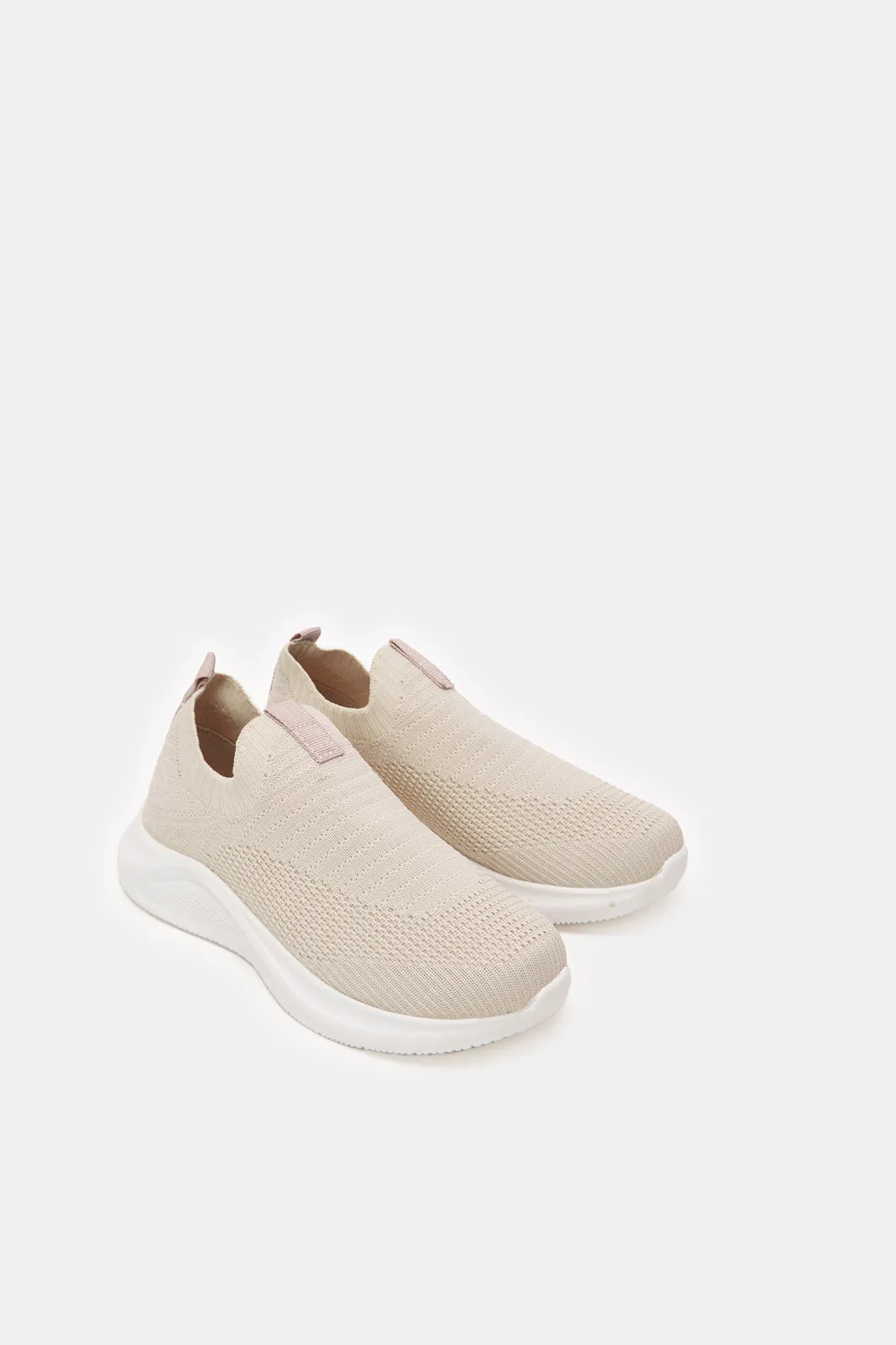 Girls Cream Fly knit Slip-On Sneakers