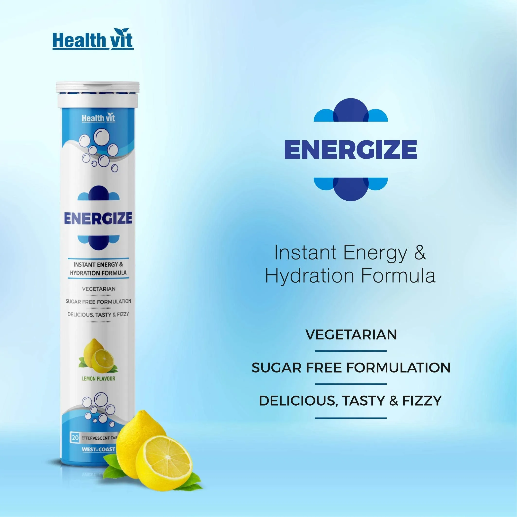 Healthvit Energize Electrolytes Energy Drink - Sugar-Free, Instant Hydration Sports Drink (20 Effervescent Tablets, Lemon Flavor)