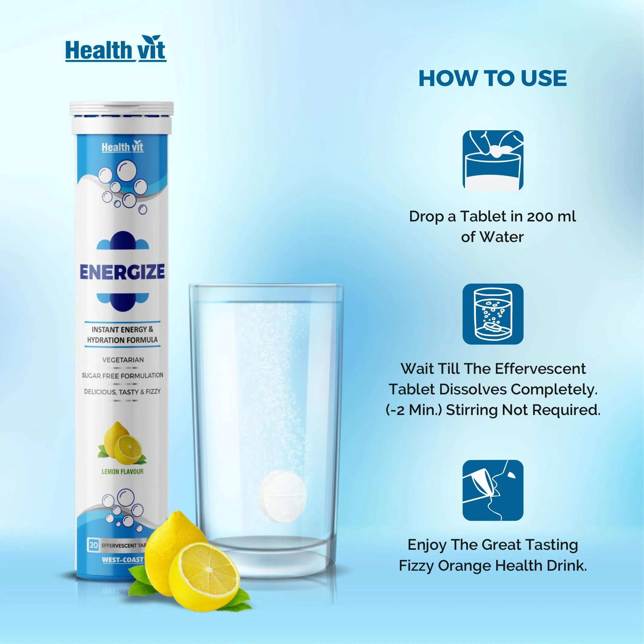 Healthvit Energize Electrolytes Energy Drink - Sugar-Free, Instant Hydration Sports Drink (20 Effervescent Tablets, Lemon Flavor)