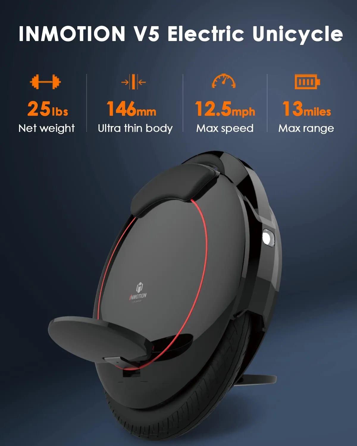 INMOTION V5 Electric Unicycle for Adult with 12.5 MPH & 12.5 Miles Mileage, 14 Inch Pneumatic Tire One Wheel EUC Portable Self Balancing Scooters