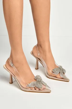 Juni Diamante Bow Detail Perspex Court Shoes in Nude Patent