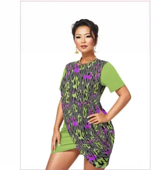 Leopard Splash Grundge Lime Women’s Stacked Hem Dress Voluptuous ( ) Plus Size