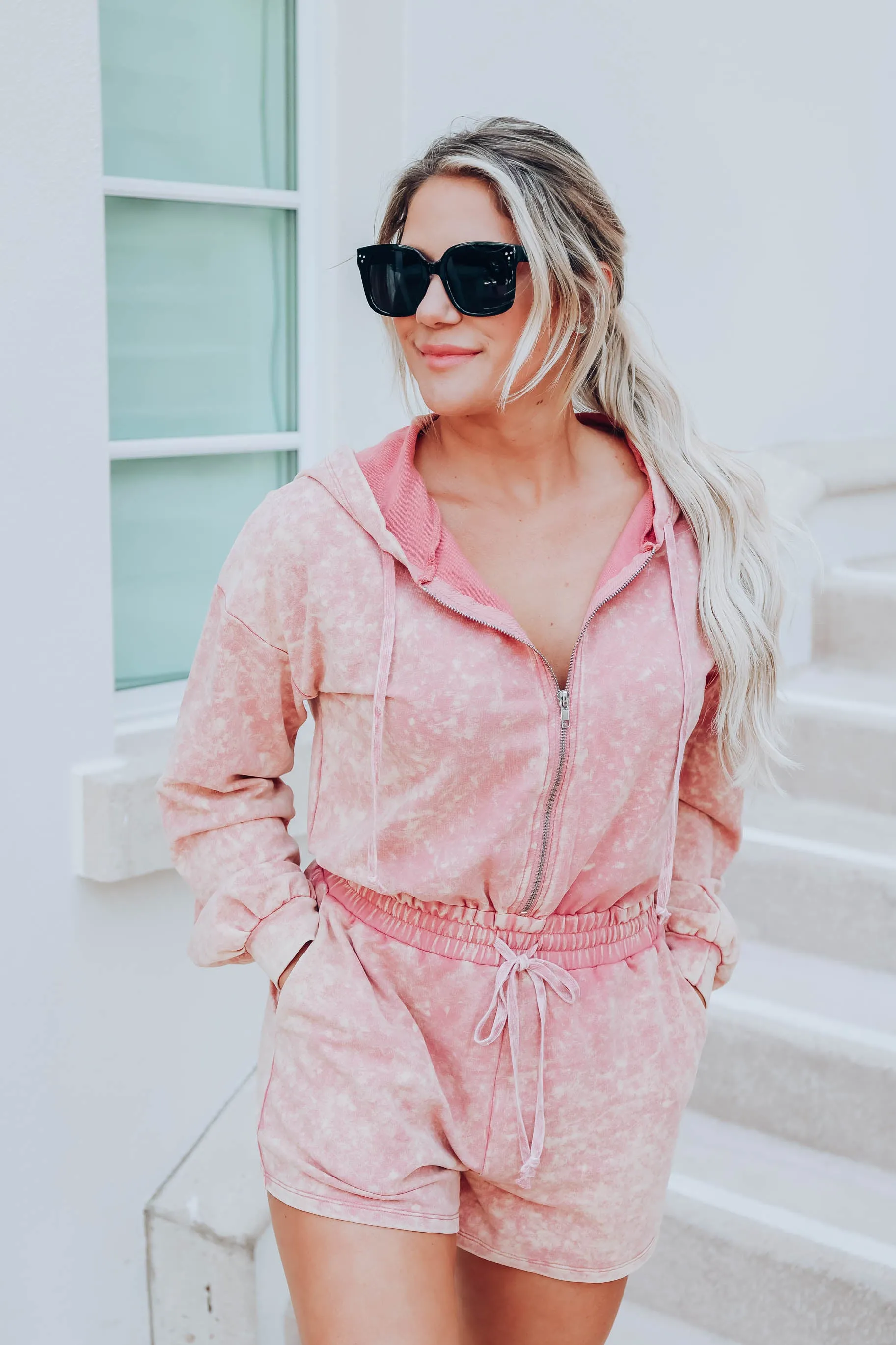 On Trend Casual Mineral Wash Romper - Peach