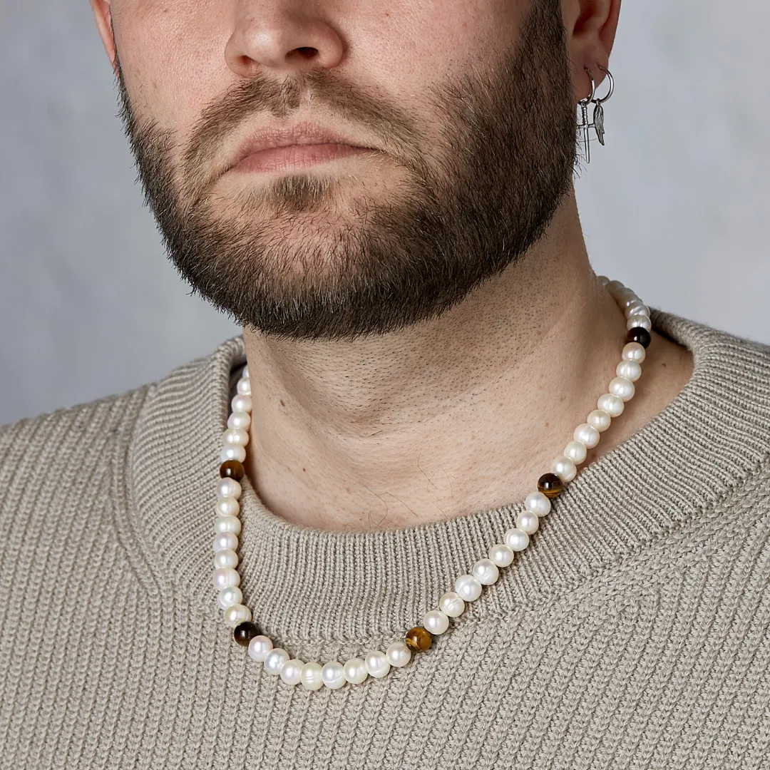 Pearl Necklace with Tiger Eye 8mm