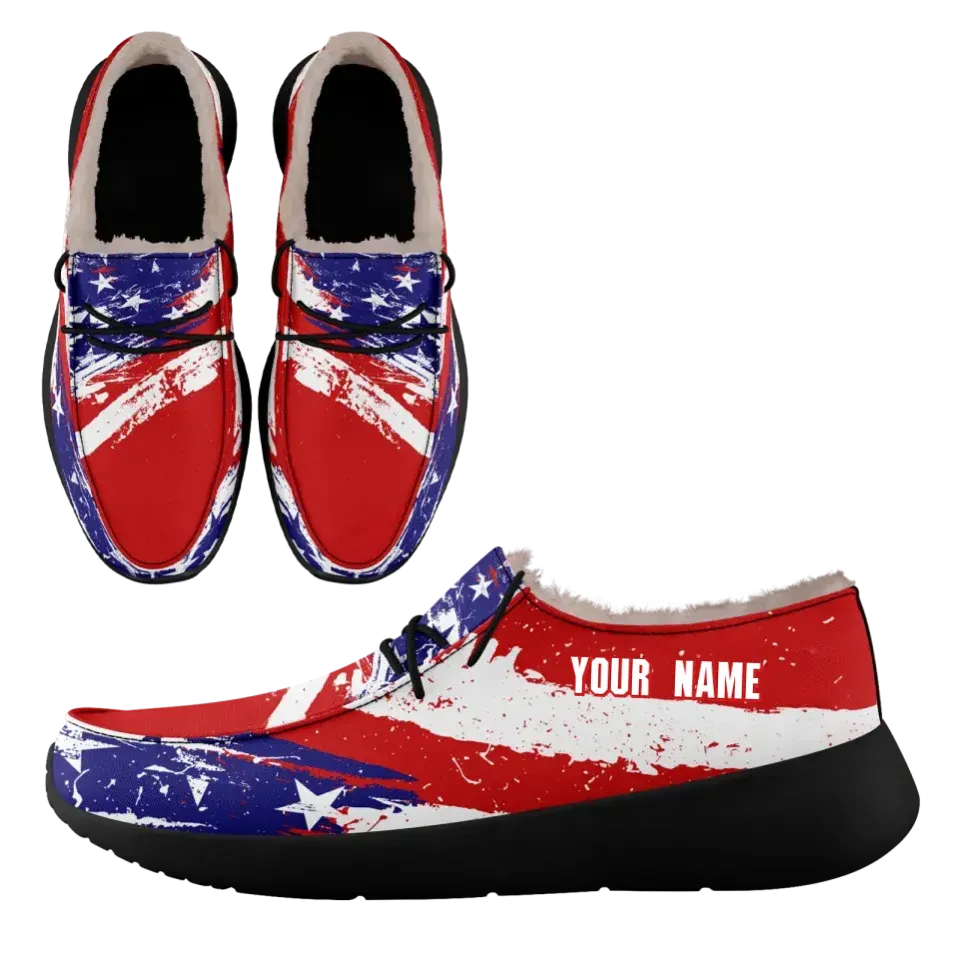 Personalized USA Flag Sneakers, Custom Stars and Stripes Loafer Shoes, Fur Lining Shoe, Pride in Comfort,FN042-24020304-1b