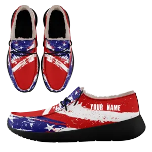 Personalized USA Flag Sneakers, Custom Stars and Stripes Loafer Shoes, Fur Lining Shoe, Pride in Comfort,FN042-24020304-1b