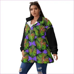 Psychedelic Paradise Womens Borg Fleece Stand-up Collar Coat With Zipper Closure (Plus Size)