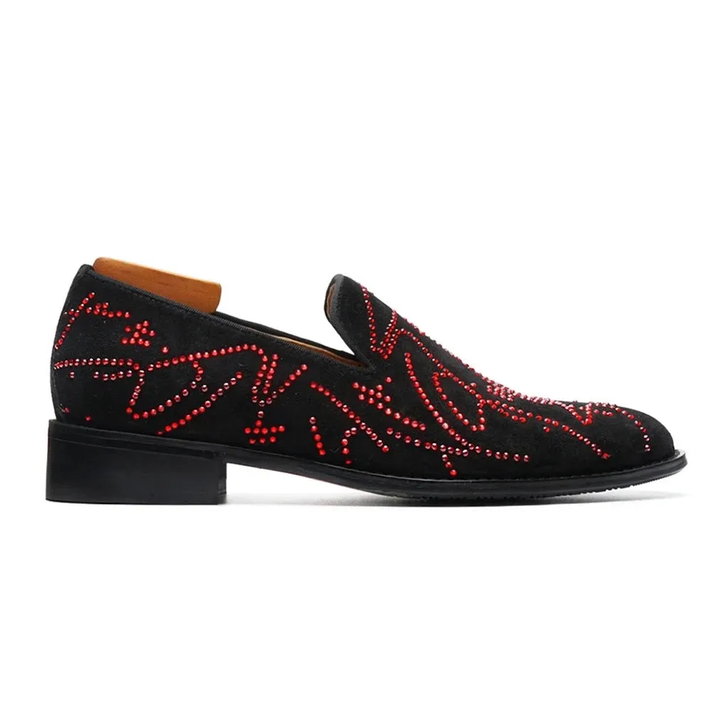 Red Rhinestone Genuine Leather Loafers