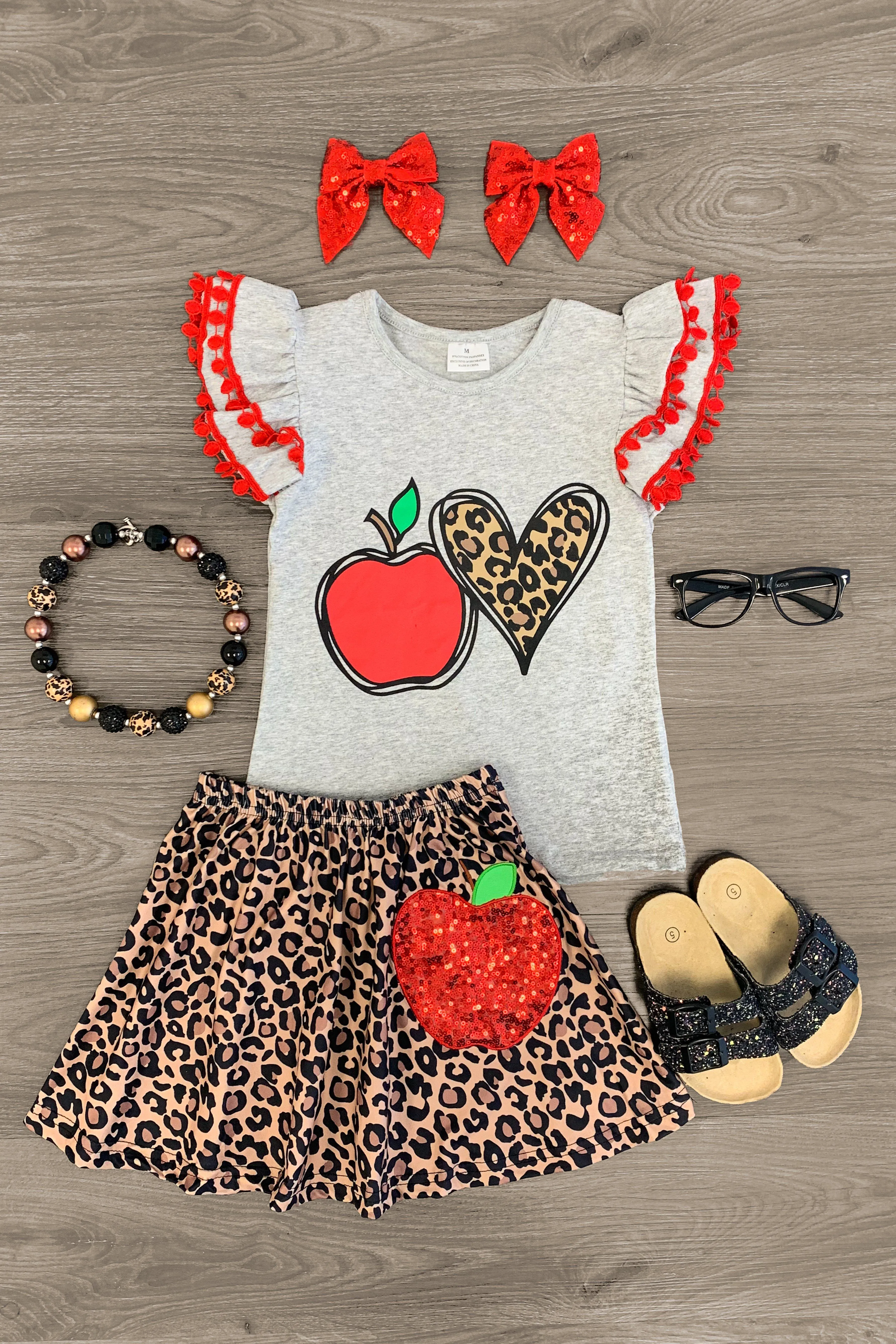 Red Sequin Apple & Cheetah Skirt Set