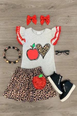 Red Sequin Apple & Cheetah Skirt Set