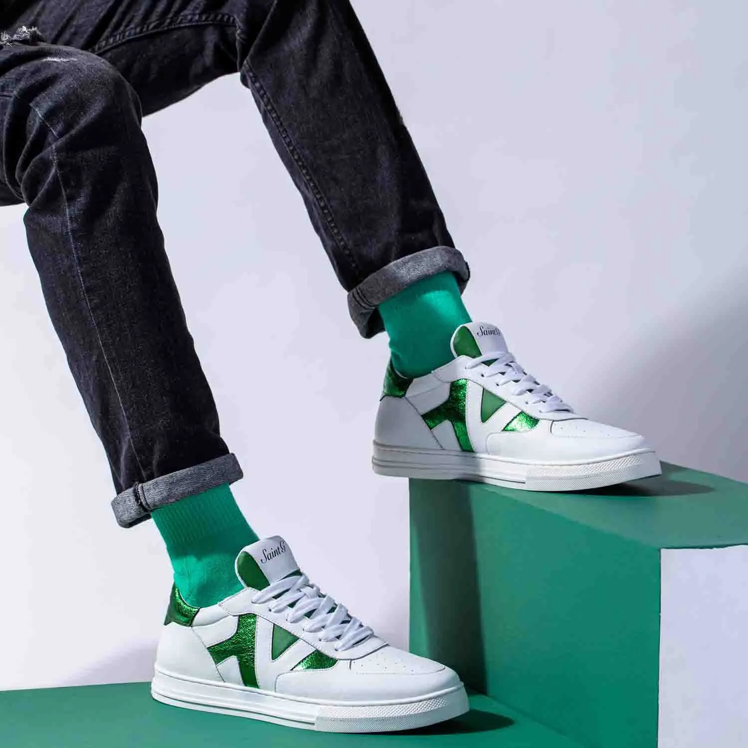 Saint Elliot Unisex White & Green Leather Handcrafted Sneakers