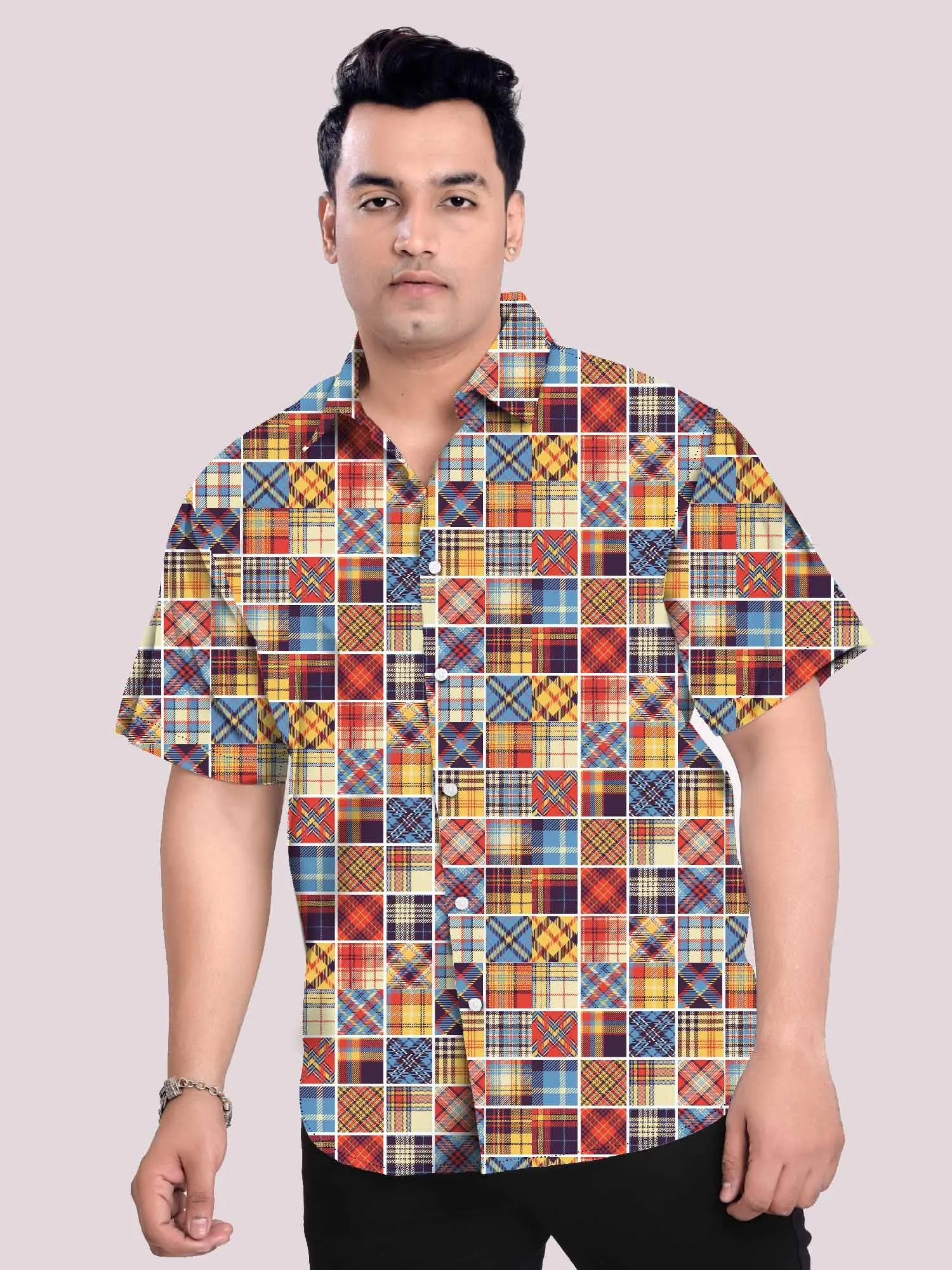 Tartan Besar Pola Digital Printed Plus Size Half Shirt