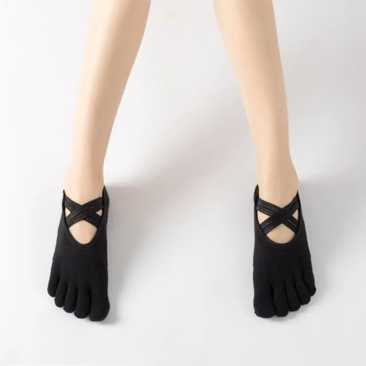 Terry Five-Finger Socks Cotton Thickened Warm and Non-Slip Yoga Socks Cross Strap Dance Socks, Size: One Size(Open Toe (Black))