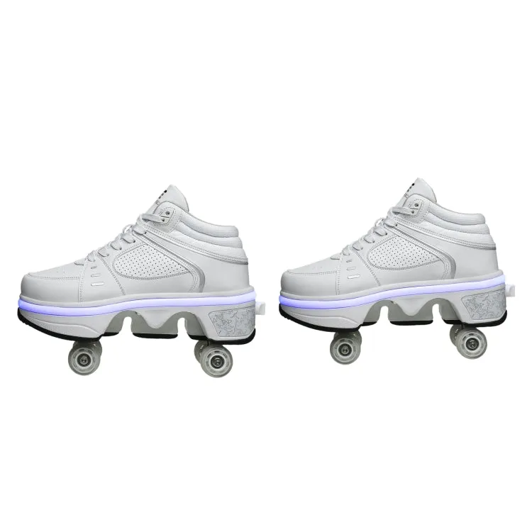 Two-Purpose Skating Shoes Deformation Shoes Double Row Rune Roller Skates Shoes, Size: 38(High-top With Light (White))